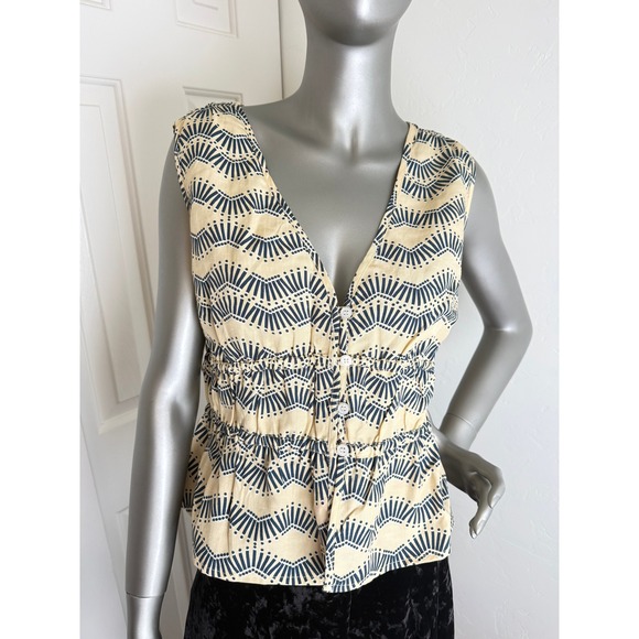 Evereve Tops - EVEREVE Wyatt Art Deco Fan Print Peplum Top Navy Yellow Size L NWT